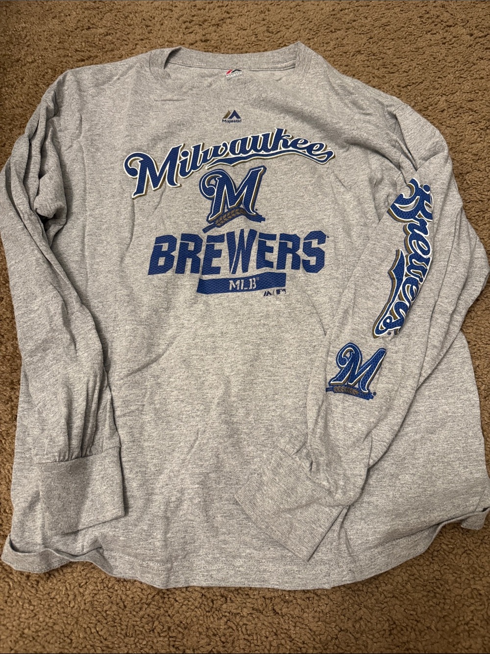 Majestic Gray Brewers Long Sleeve Tee with Blue Script